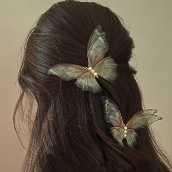 2pcs Boho Big Pearl Green Butterfly Hair Clips main image 4